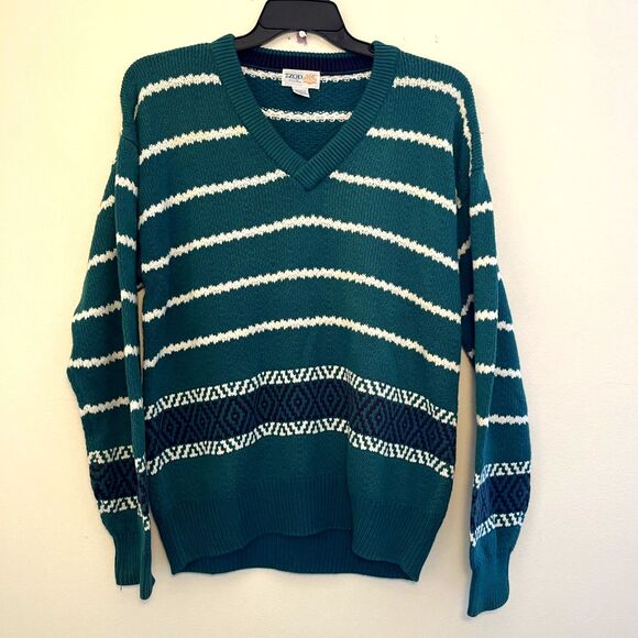 Izod Other - IZOD Vintage 80s Aztec Cotton Striped Grandpa Knit V Neck Sweater, Teal- Med.